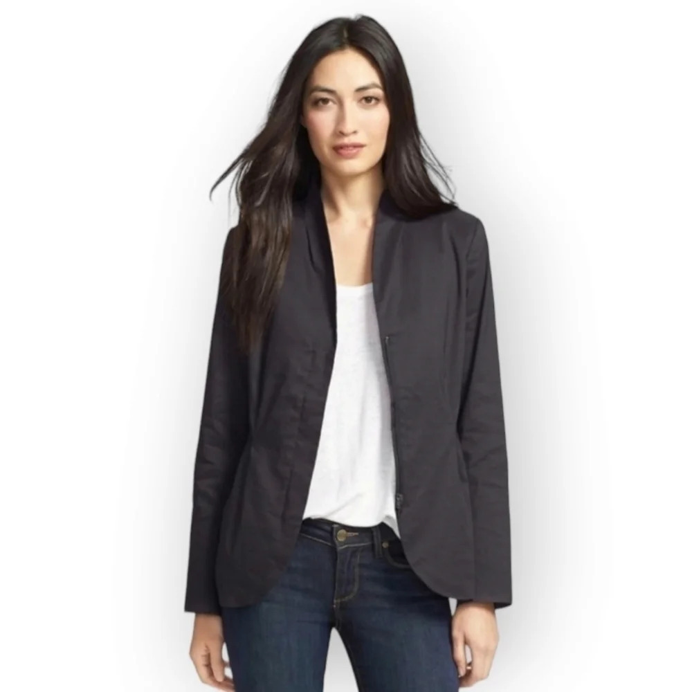 Eileen Fisher Ramie Pleated Zip Up Blazer Jacket Black Peplum Back Size XS